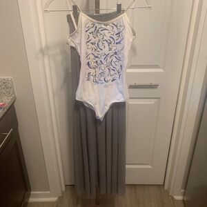 Dance costume-plume hand painted leotard and grey skirt